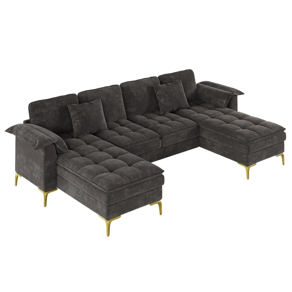Divano angolare a U 4 posti - con 2 chaise longue e cuscini - in chenille grigio