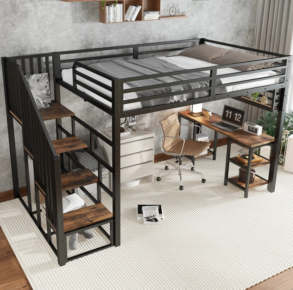 Letto a soppalco 120x200 cm con scrivania integrata e scaffale; metallo e legno; nero e noce scuro