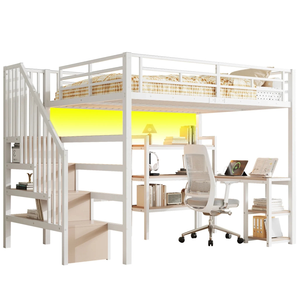 Letto a soppalco in metallo 140x200 cm, bianco, con scala, scrivania integrata, vani portaoggetti, presa USB e luce LED