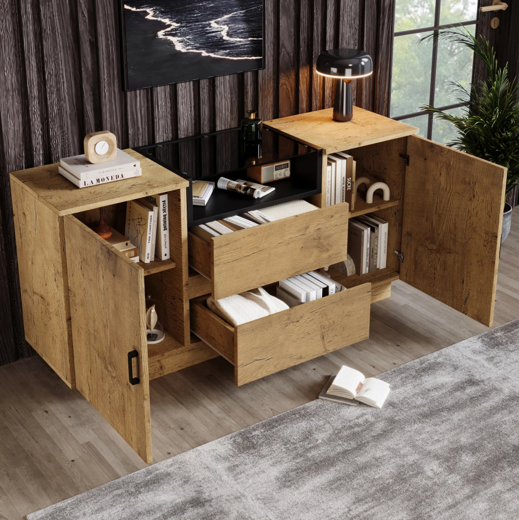 Credenza con cassetti, ante e vano aperto