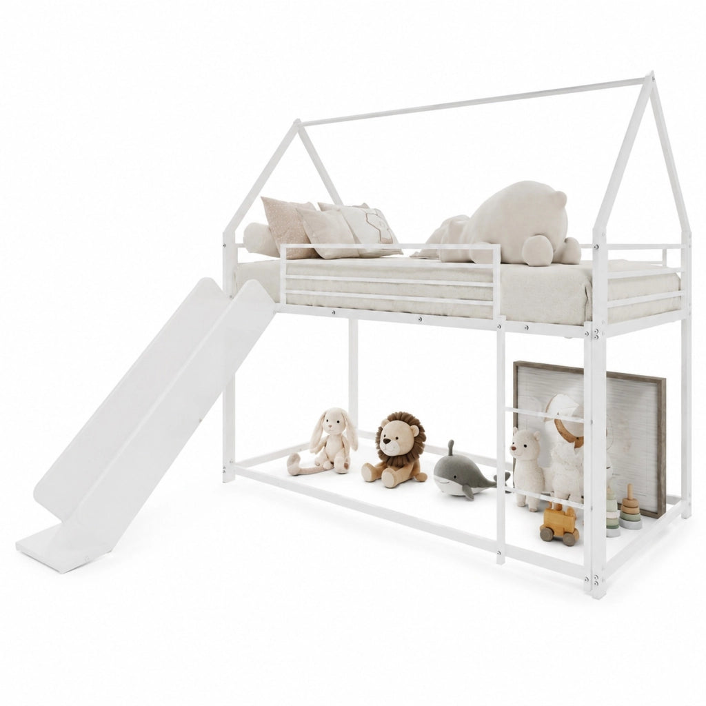 Letto a castello a due livelli con scivolo e scala in metallo bianco