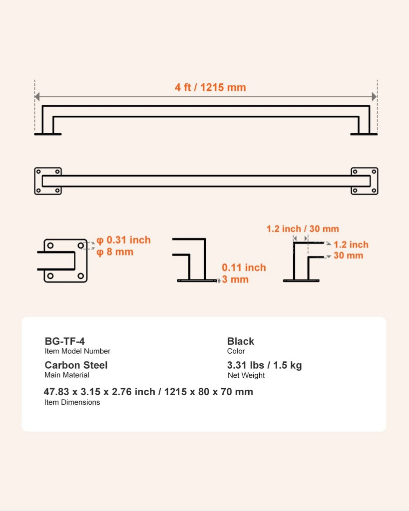 Corrimano per Scale a Parete in Acciaio al Carbonio Nero 1215 mm BG-TF-4, 2 Sezioni Tubo Quadrato per Interni e Soppalco, Robusto Portata 113 kg