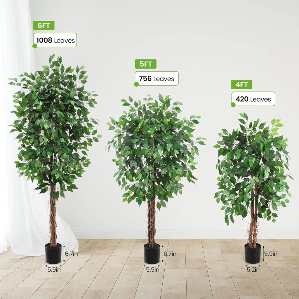 Ficus Artificiale 122 cm con Tronco in Legno Naturale e Vaso per Camera e Salotto
