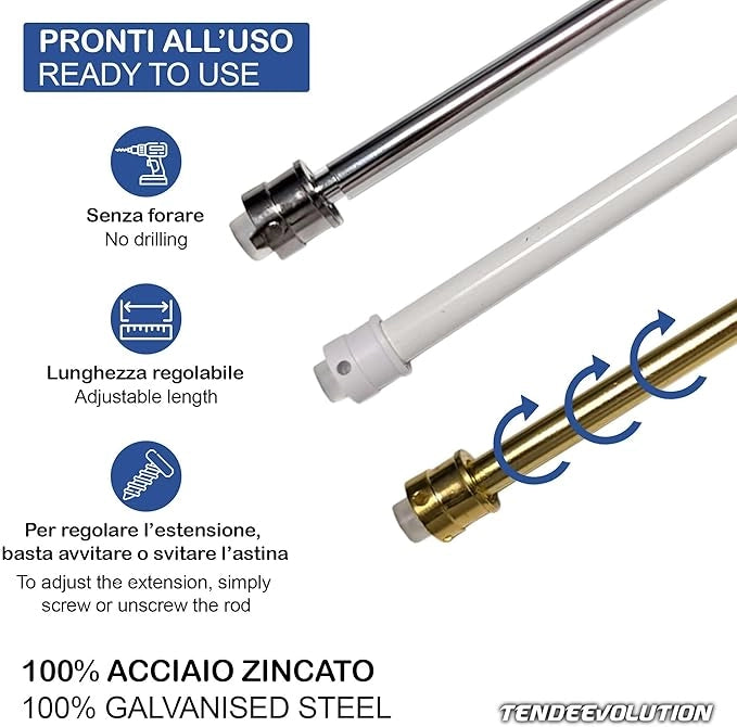 Astina a Molla in Acciao Zincato - Bastoncini Pressione Estensibili 27-36cm - Colore Bianco