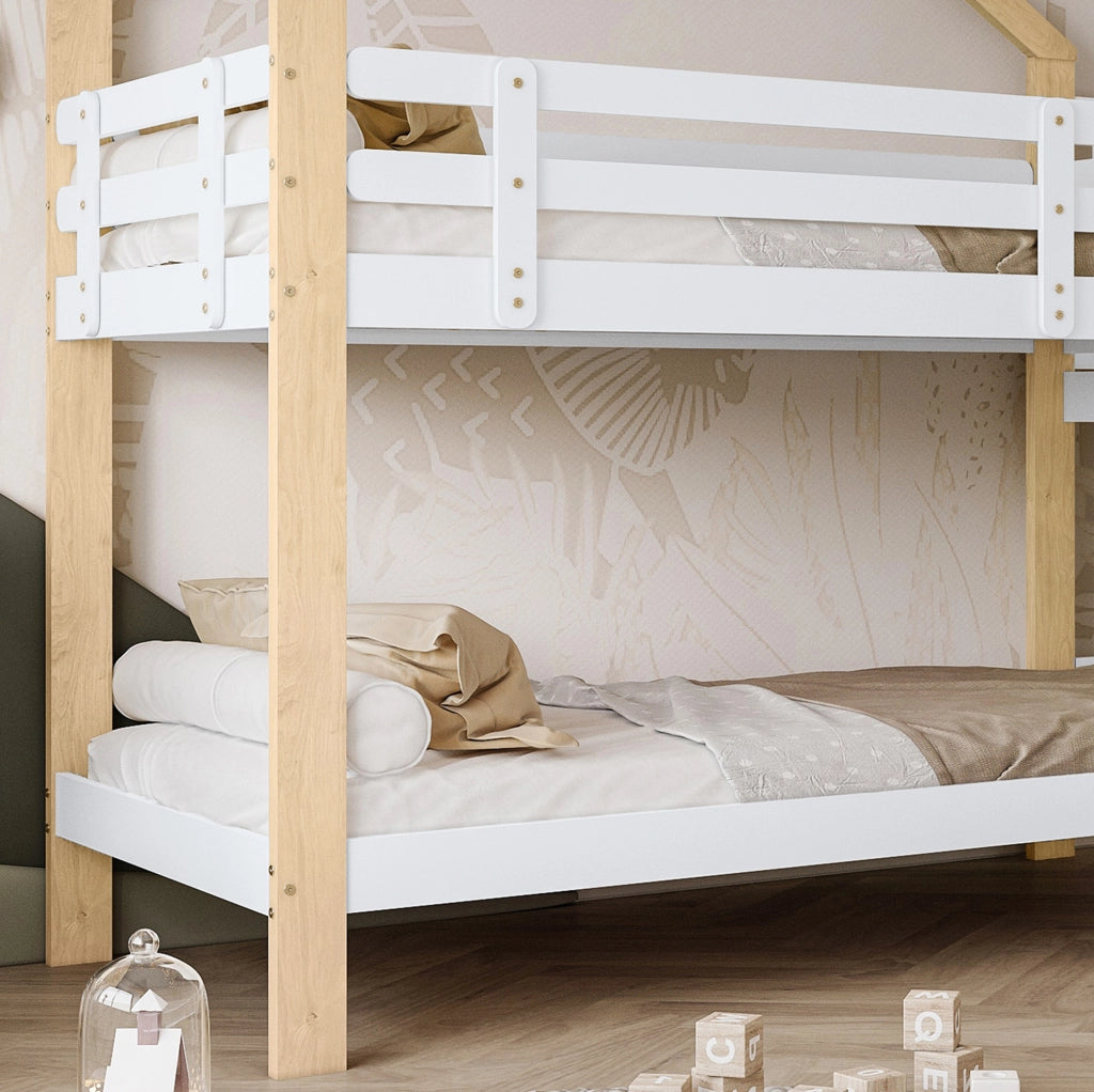 Letto a castello a casetta 90x200 cm con scivolo, scala e protezioni