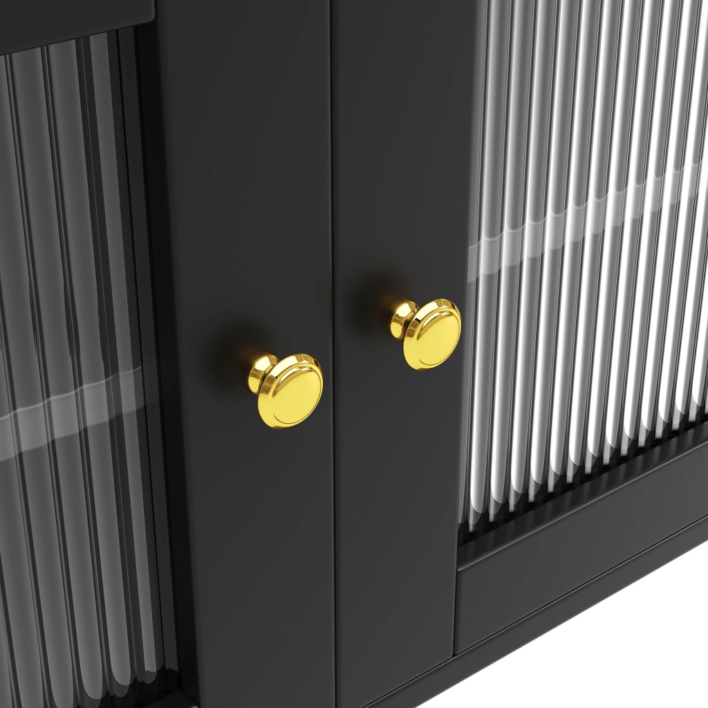 Credenza alta con vetro cannettato e portabottiglie, vani aperti per cucina e sala da pranzo, nera, 145 × 39 × 171 cm