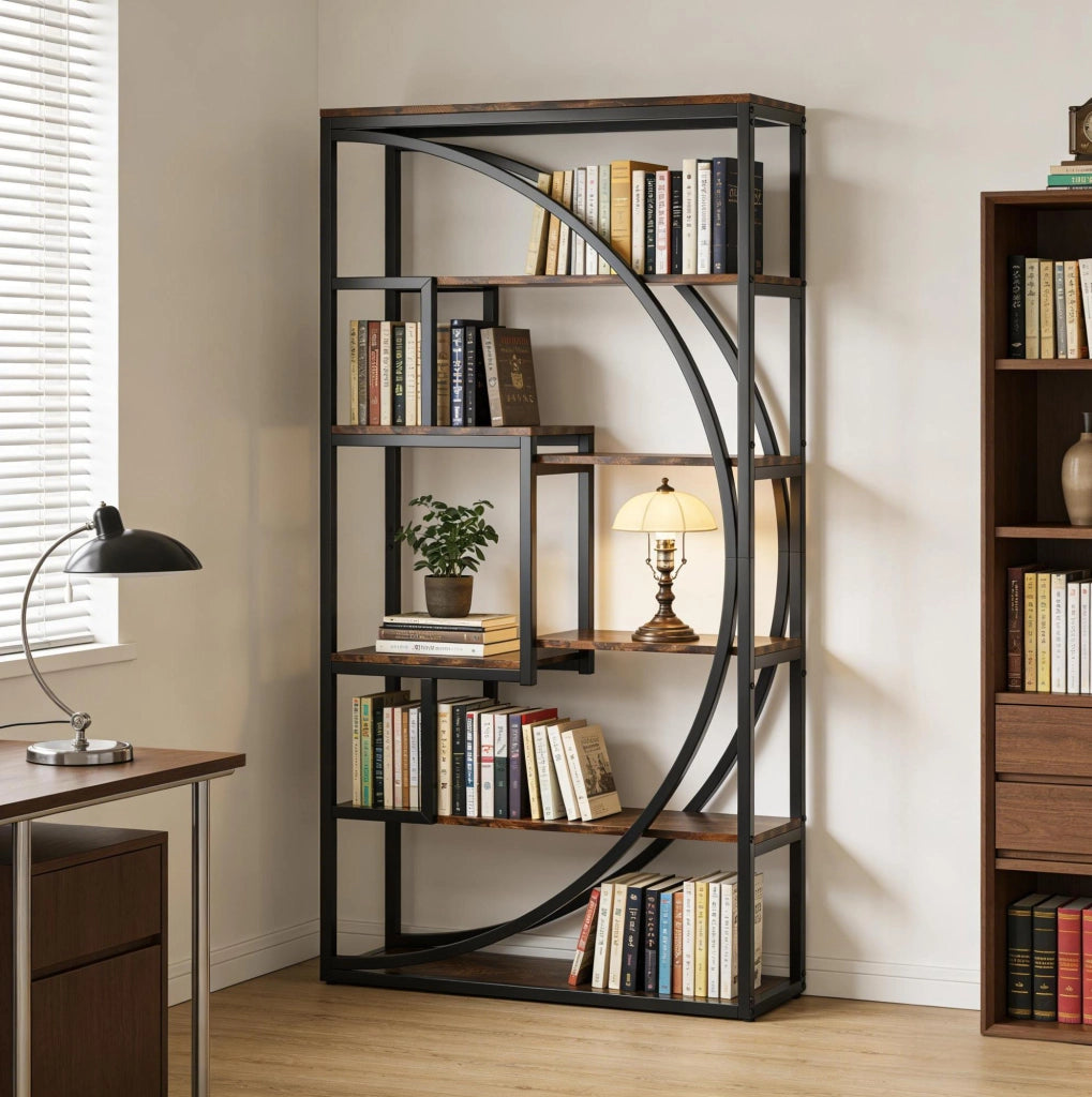 Libreria geometrica a 6 livelli in metallo e legno