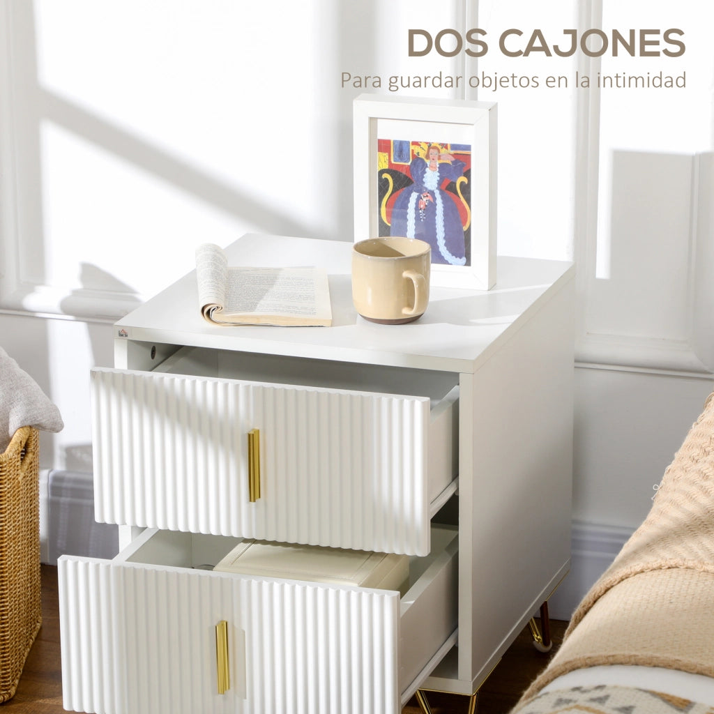 Comodino con 2 cassetti ¨C Xylo ¨C Bianco con gambe in metallo 40x40x47 cm