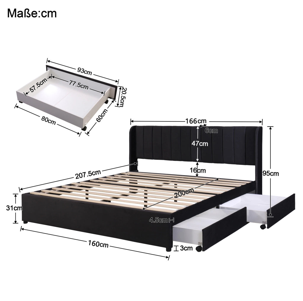 Letto in velluto nero da 160 x 200 cm con testiera; rete a doghe e 2 cassetti