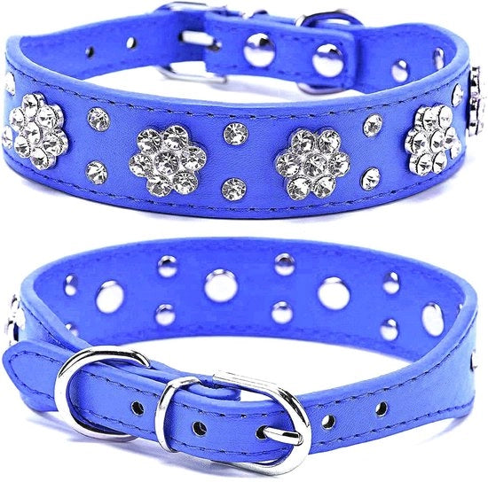 Collare per gatto con decorazione strass - fiori scuri - cricco in pelle PU - collo adattabile - disponibile in diversi modelli - colore blu scuro