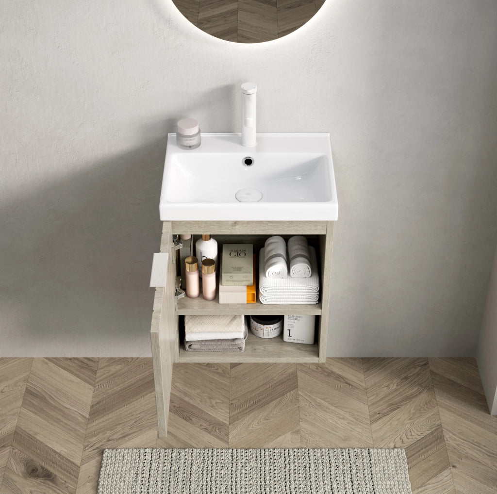 Mobile bagno 42 cm con lavabo in ceramica bianca, armadietto a doppia anta e ripiano aperto finitura rovere crema