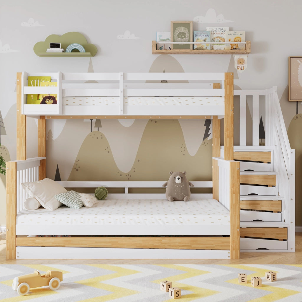 Letto a castello per bambini con letto estraibile; pino e MDF; scala contenitore; bianco e legno naturale