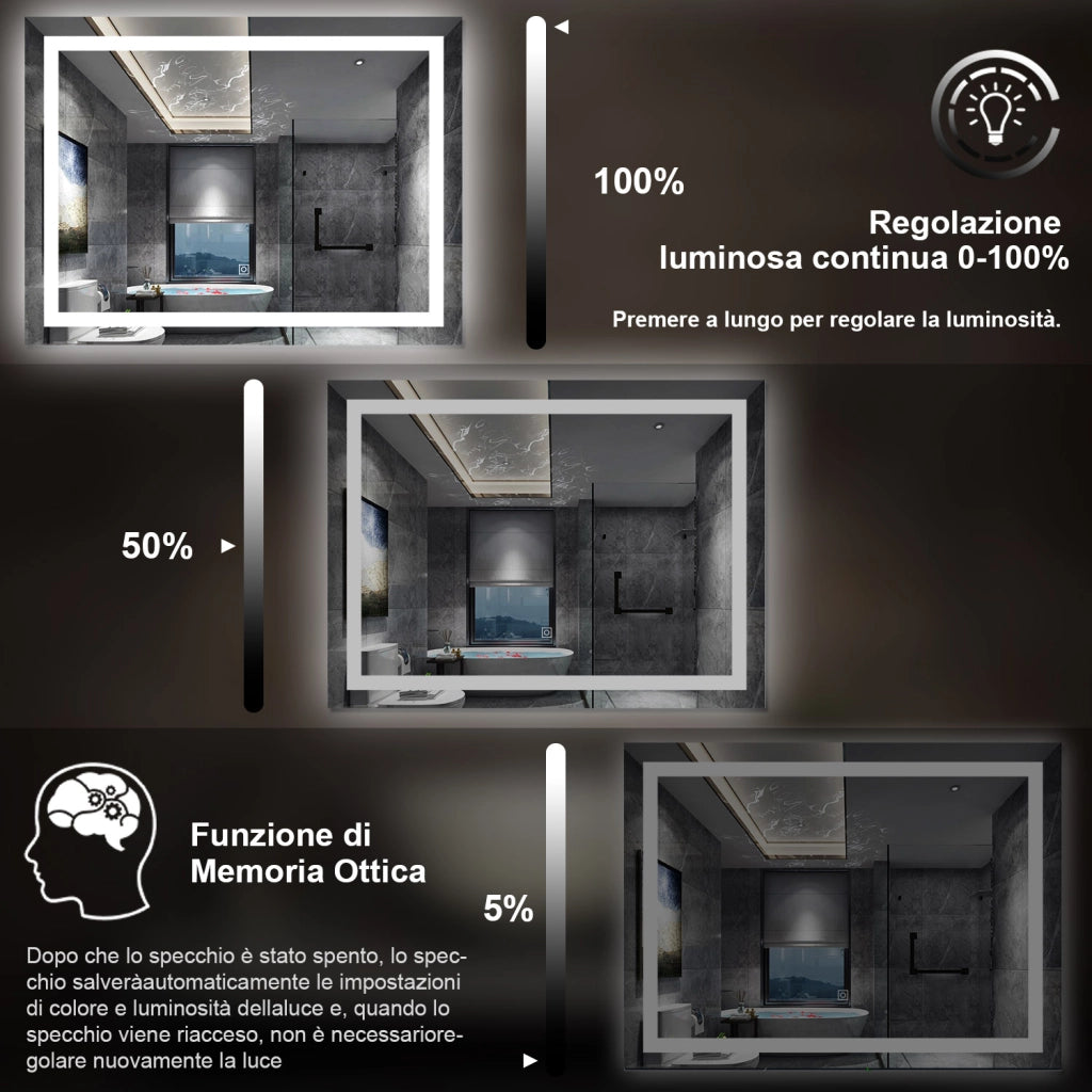 specchio rettangolare 100 x 60 cm con luce led antiappannamento e touch