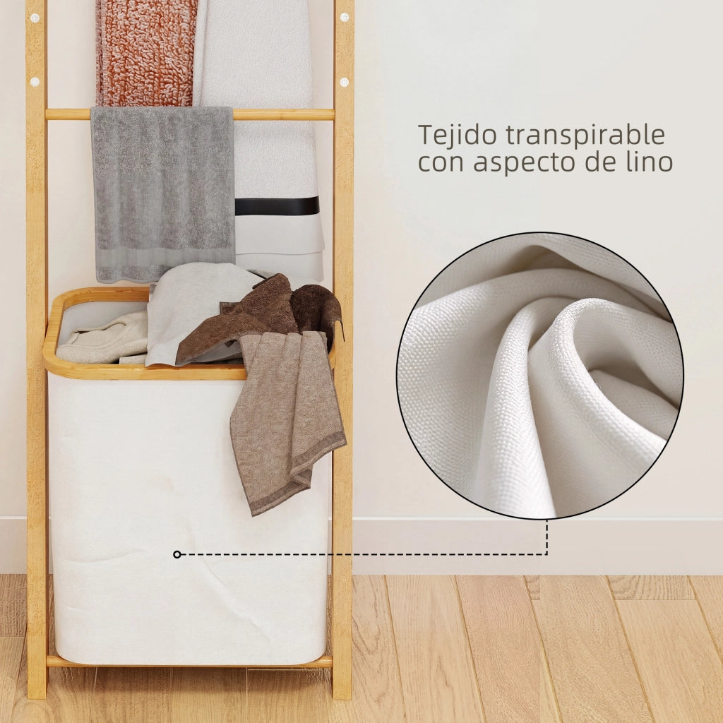 Portasciugamani a Terra in Bamb¨´ con 3 Barre e Cestino per Biancheria Estraibile 48 L Crema ¨C Minimal ¨C 42x42x160 cm