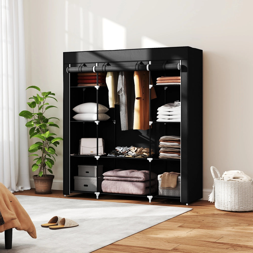 Armadio Guardaroba in Tessuto Pieghevole con Asta Appendiabiti e 9 Ripiani, 150 cm x 43 cm x 162,5 cm, Nero, Salvaspazio