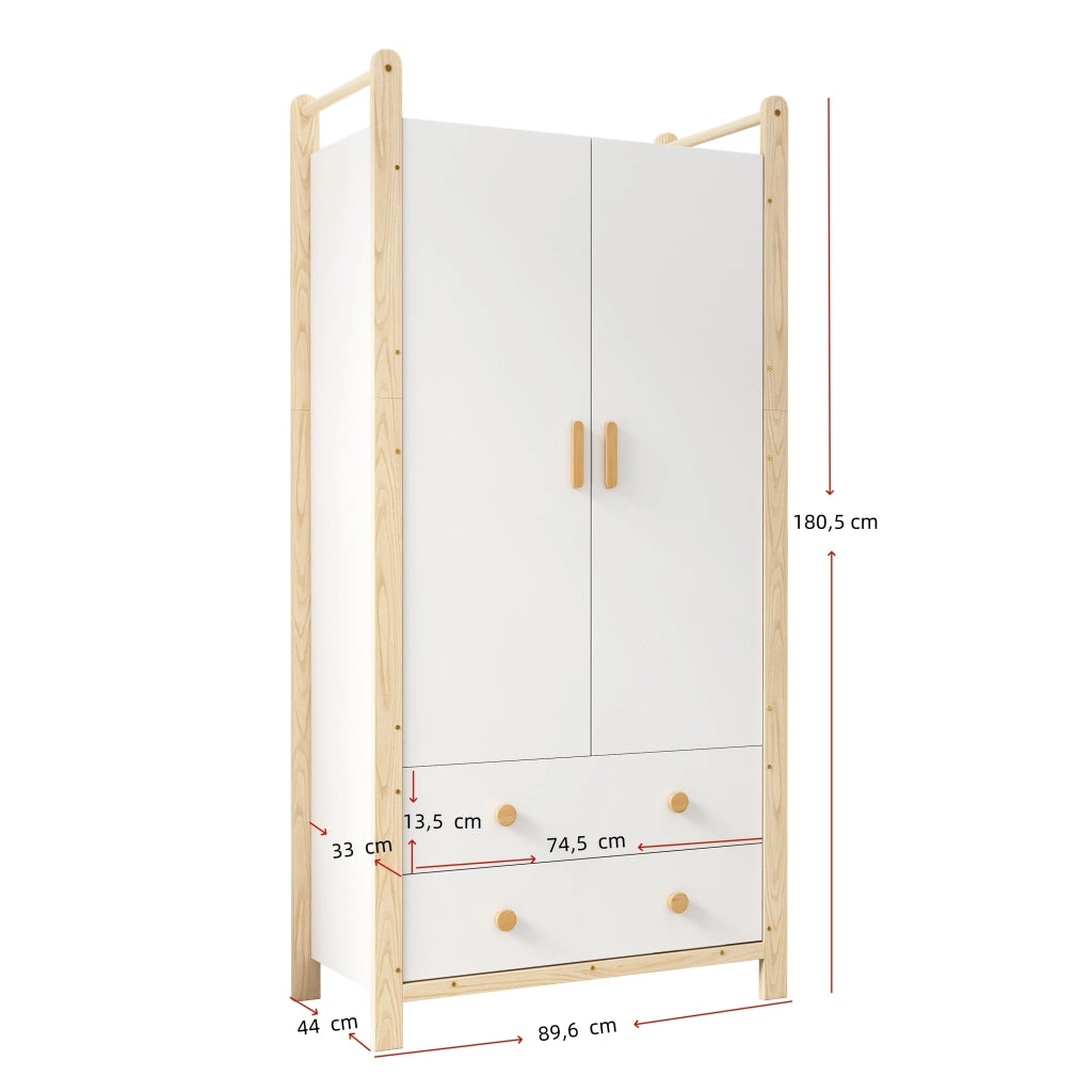 Armadio a 2 ante con appendiabiti e 2 cassetti per camera da letto bianco e legno 90 × 45 × 180 cm