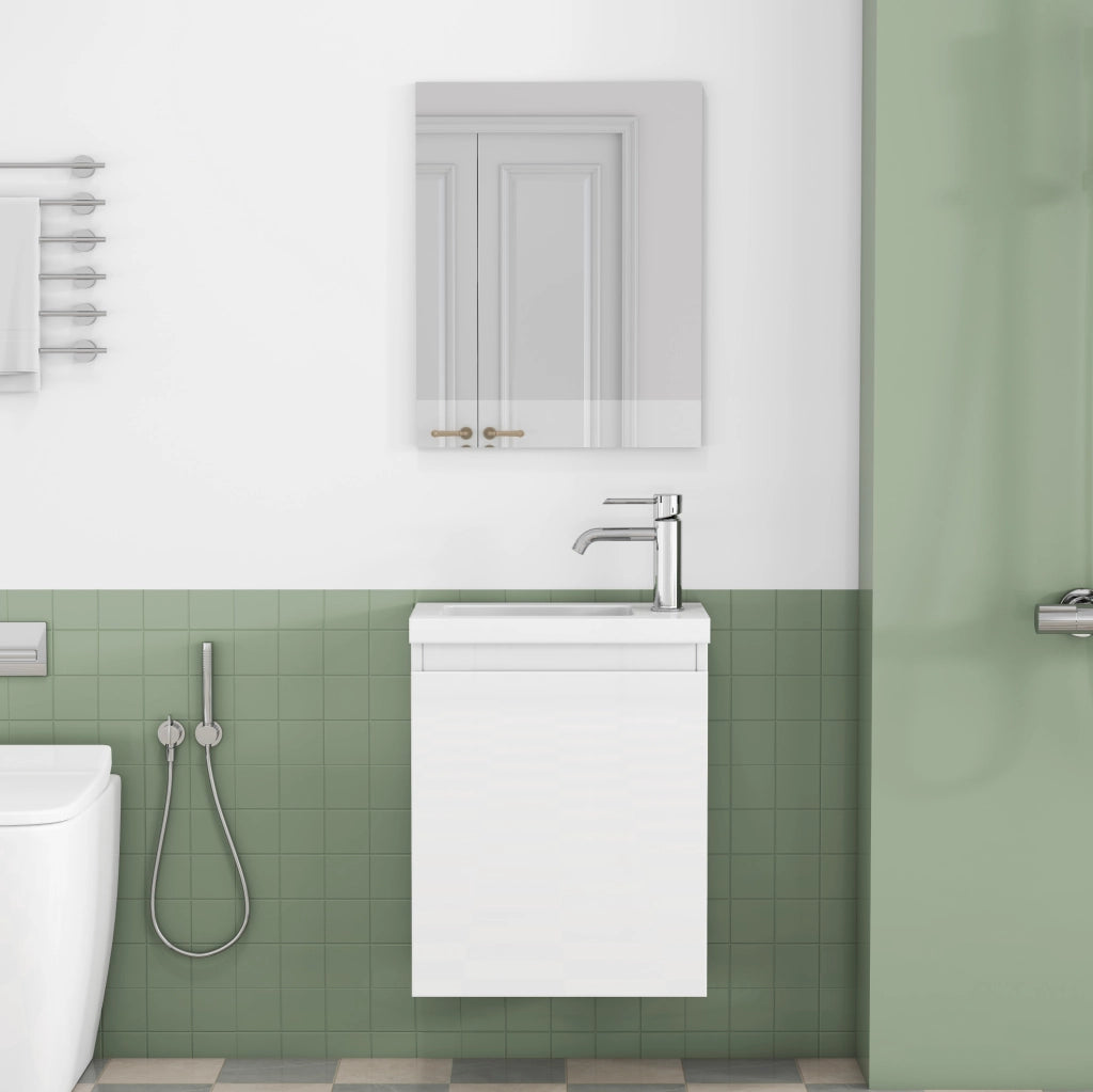 Mobile bagno sospeso 40 cm bianco lucido con lavabo in ceramica e specchio, design senza maniglie con cerniere ammortizzate, preassemblato
