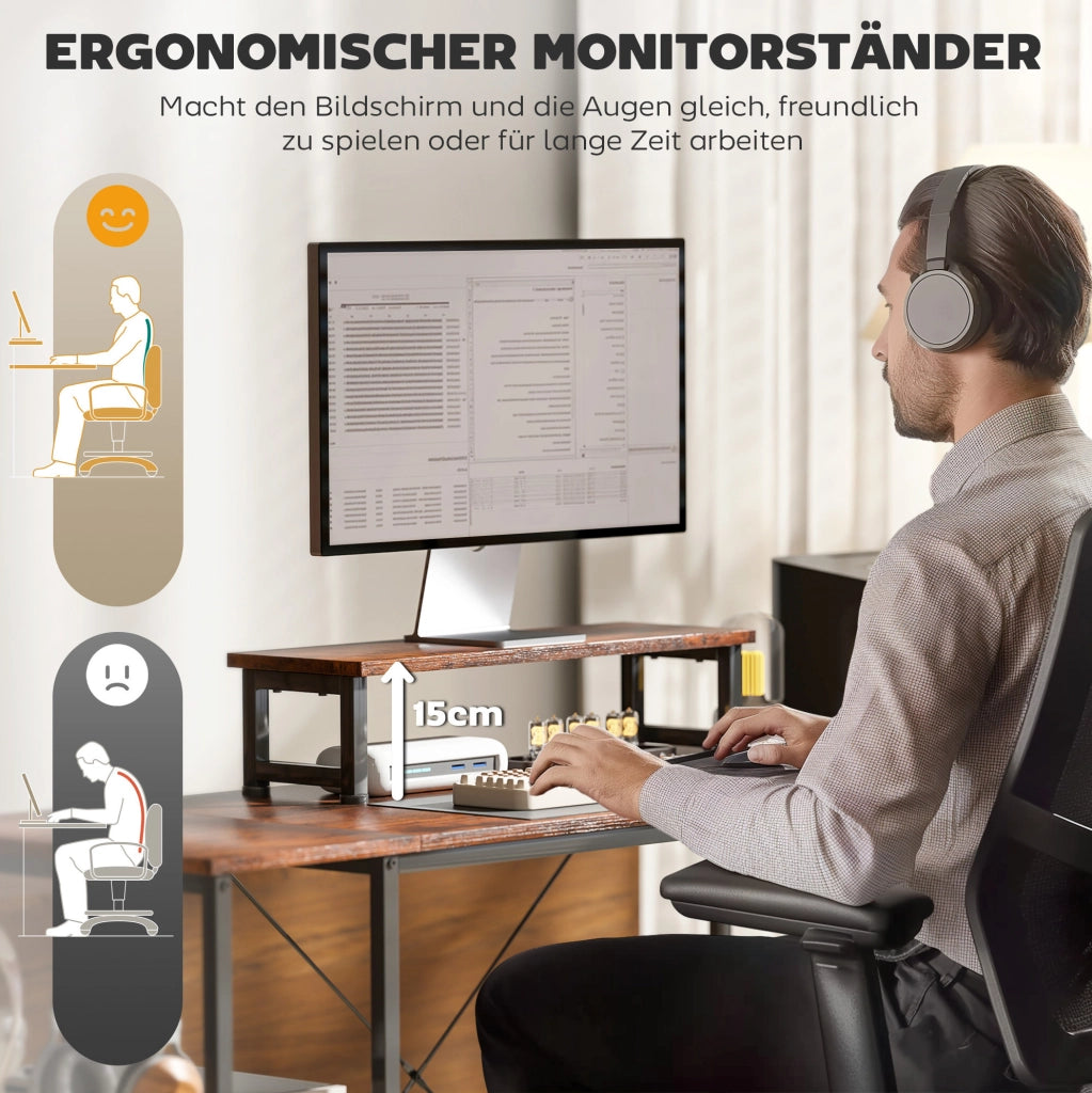 Scrivania angolare a L 168x120 cm con ripiani e portaoggetti, supporto monitor ergonomico, marrone rustico