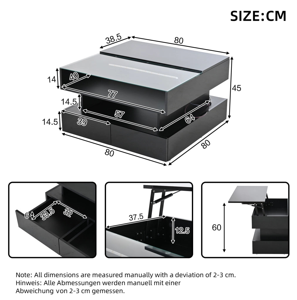Tavolino da salotto 80x80x45 cm sollevabile con LED e 2 cassetti nero
