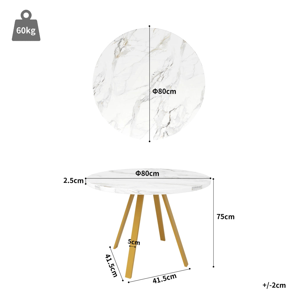 Tavolo da pranzo rotondo in MDF con gambe in metallo bianco effetto marmo e oro per sala da pranzo 80 × 80 × 75 cm