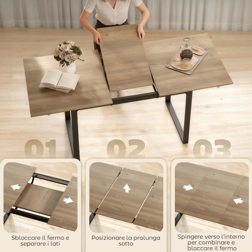 Tavolo da Pranzo Industriale per 6-8 Persone con Ribalta Rotonda, in Legno e Acciaio, 180x80x75 cm
