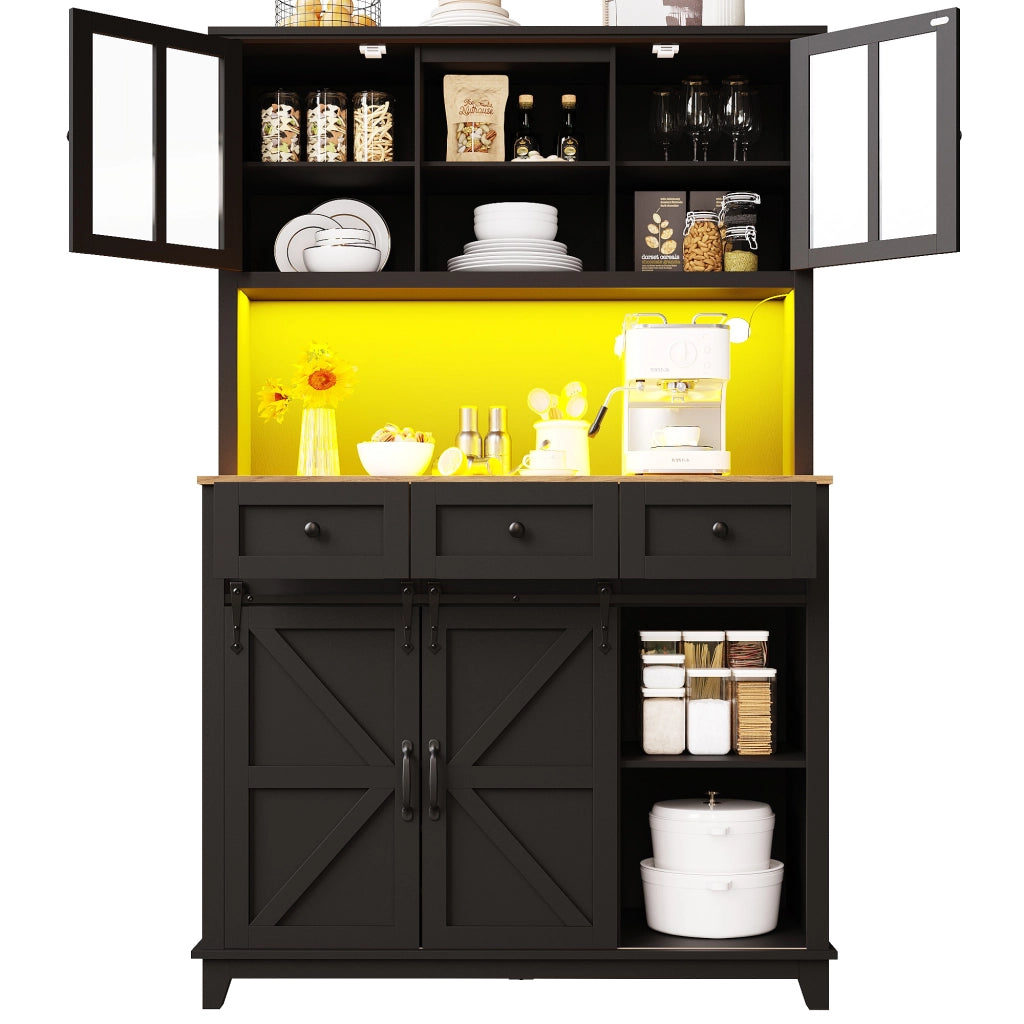 Credenza alta vetrina da cucina LED con 3 ripiani regolabili e portabottiglie, in MDF nero, 105 × 38.4 × 180 cm