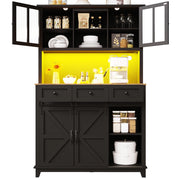 Credenza alta vetrina da cucina LED con 3 ripiani regolabili e portabottiglie, in MDF nero, 105 × 38.4 × 180 cm