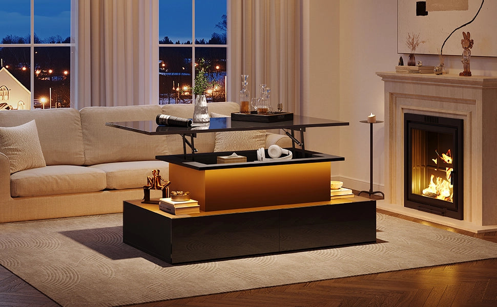 Tavolino da caffè con luci led nero lucido 4 cassetti 90x55x41 cm