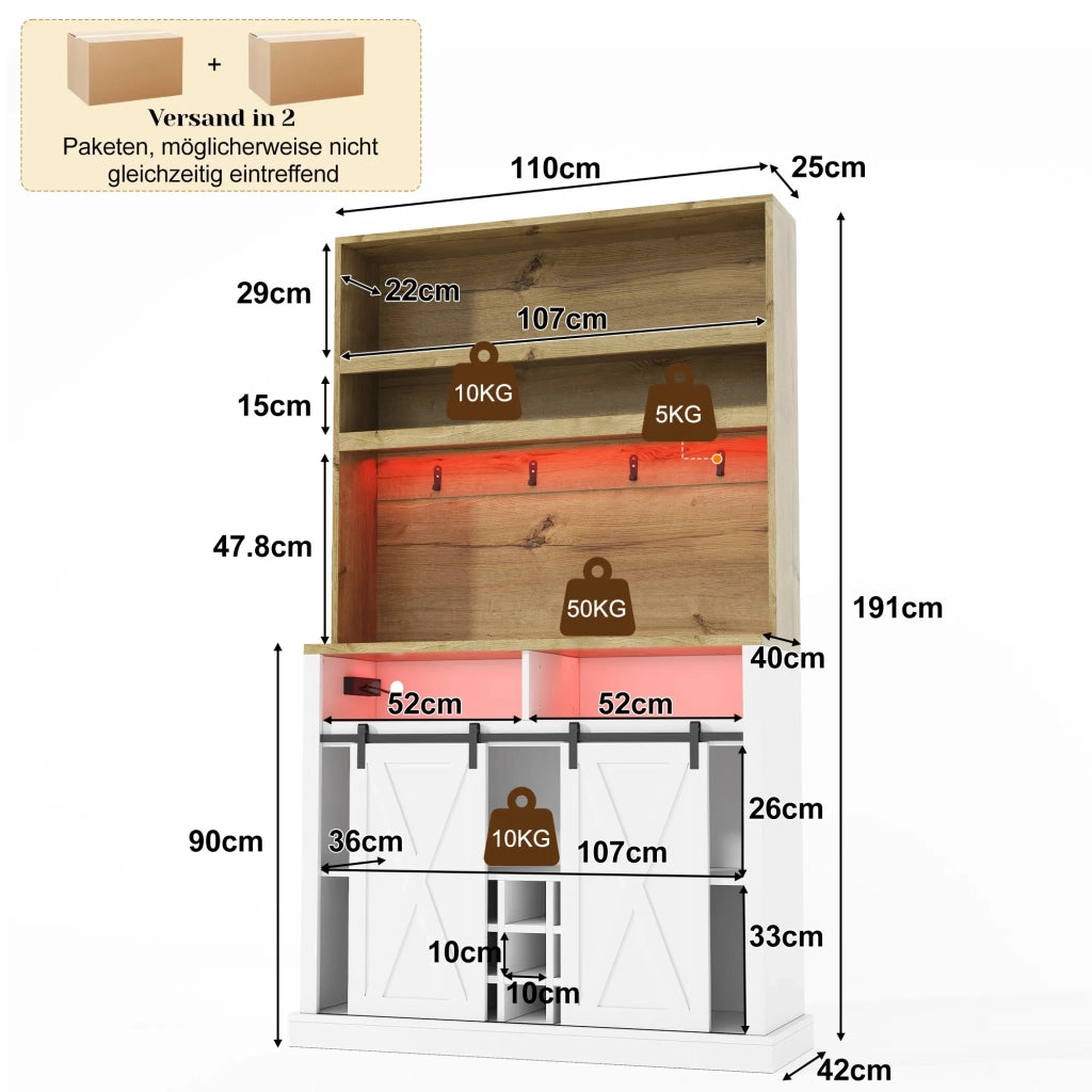 Armadio da cucina alto 191 cm con LED, presa, ganci, portabottiglie e vetrina per cucina e sala da pranzo