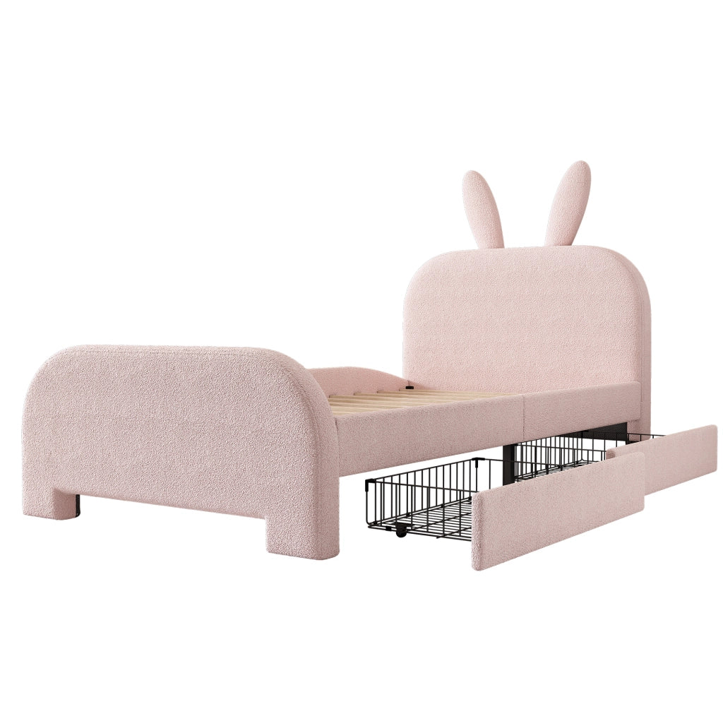 LETTO bambini 90x200 cm rosa in Plush e MDF con 2 cassetti