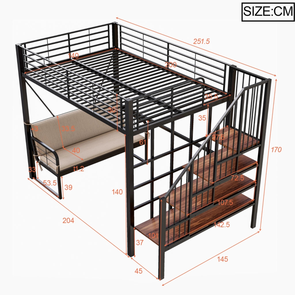 Letto a castello 140x200 cm nero con divano removibile, scala contenitore e struttura in metallo