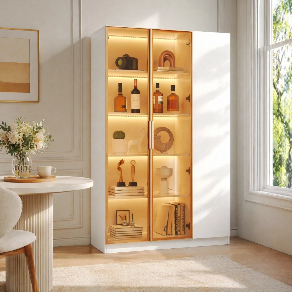 Vetrina a 3 ante con LED multicolore; 110x35x165 cm; MDF bianco
