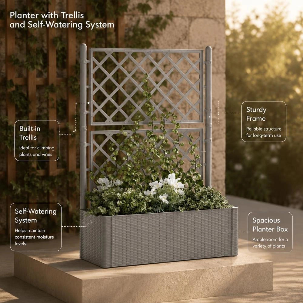 Raised Garden Bed With Trellis And Self-watering System, Grey