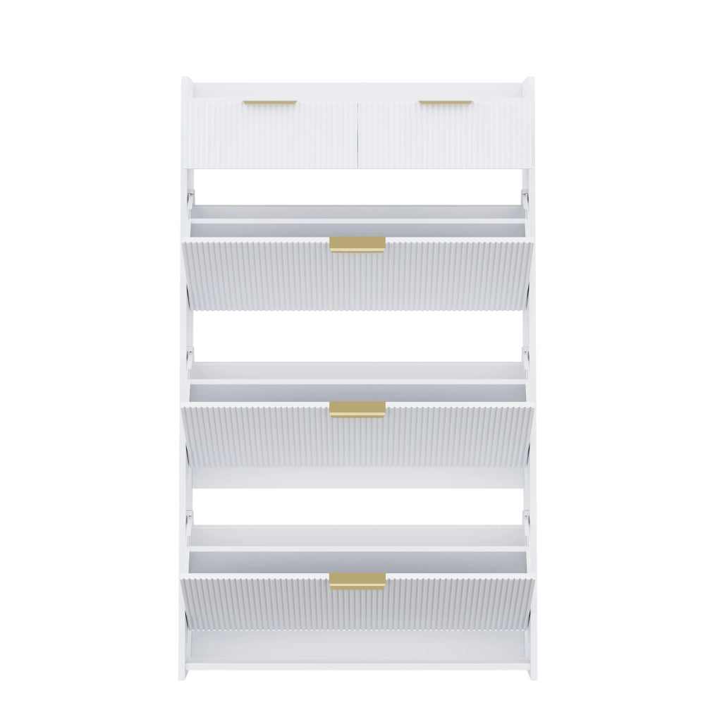 Scarpiera stretta con 3 vani a ribalta e 2 cassetti, per ingresso e corridoio, in truciolare bianco, 80 × 25 × 135 cm