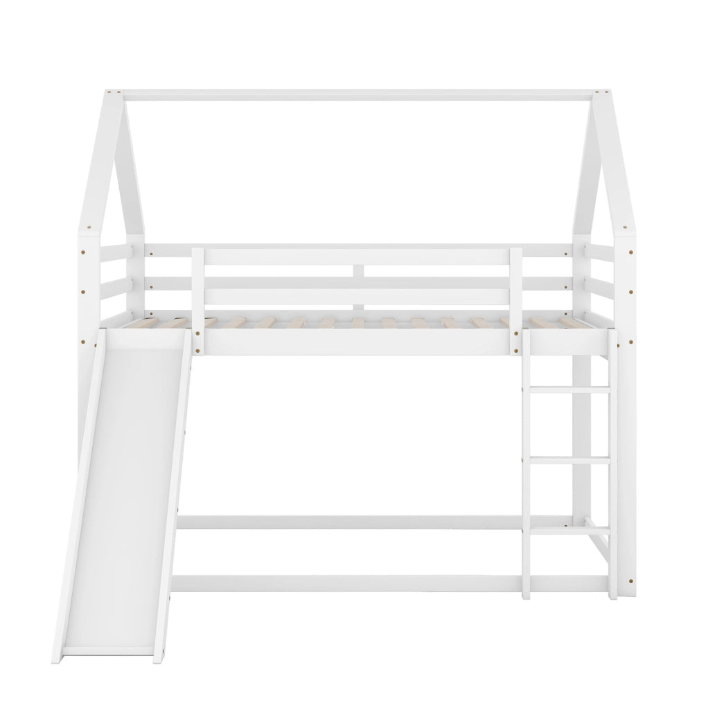 Letto a castello per bambini a forma di casa con scivolo e scala, materassi 140x200 cm, colore bianco