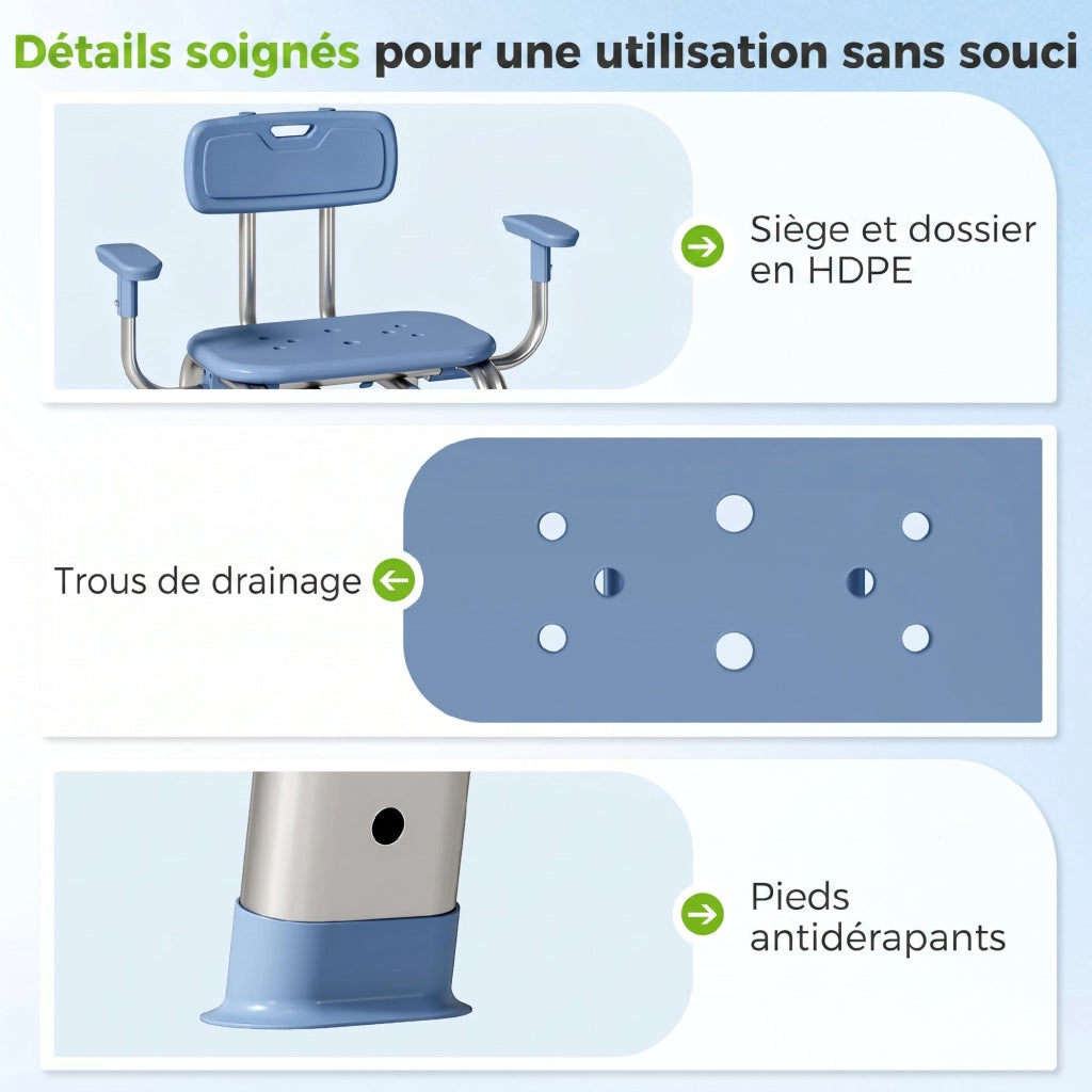 Sgabello da doccia ergonomico con braccioli e schienale regolabili ¨C Minimal ¨C blu