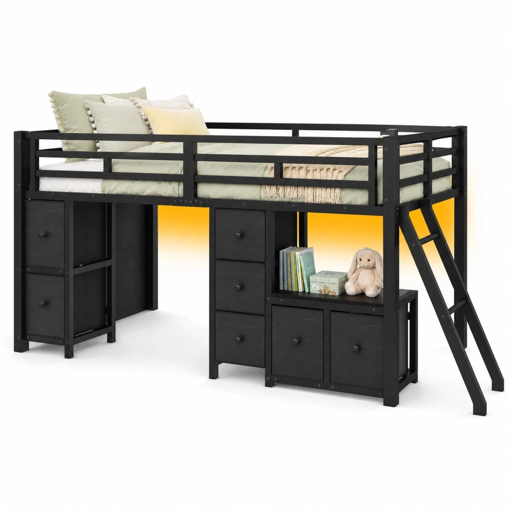 Letto a soppalco basso 90x200 cm con 7 cassetti; LED e area gioco nero