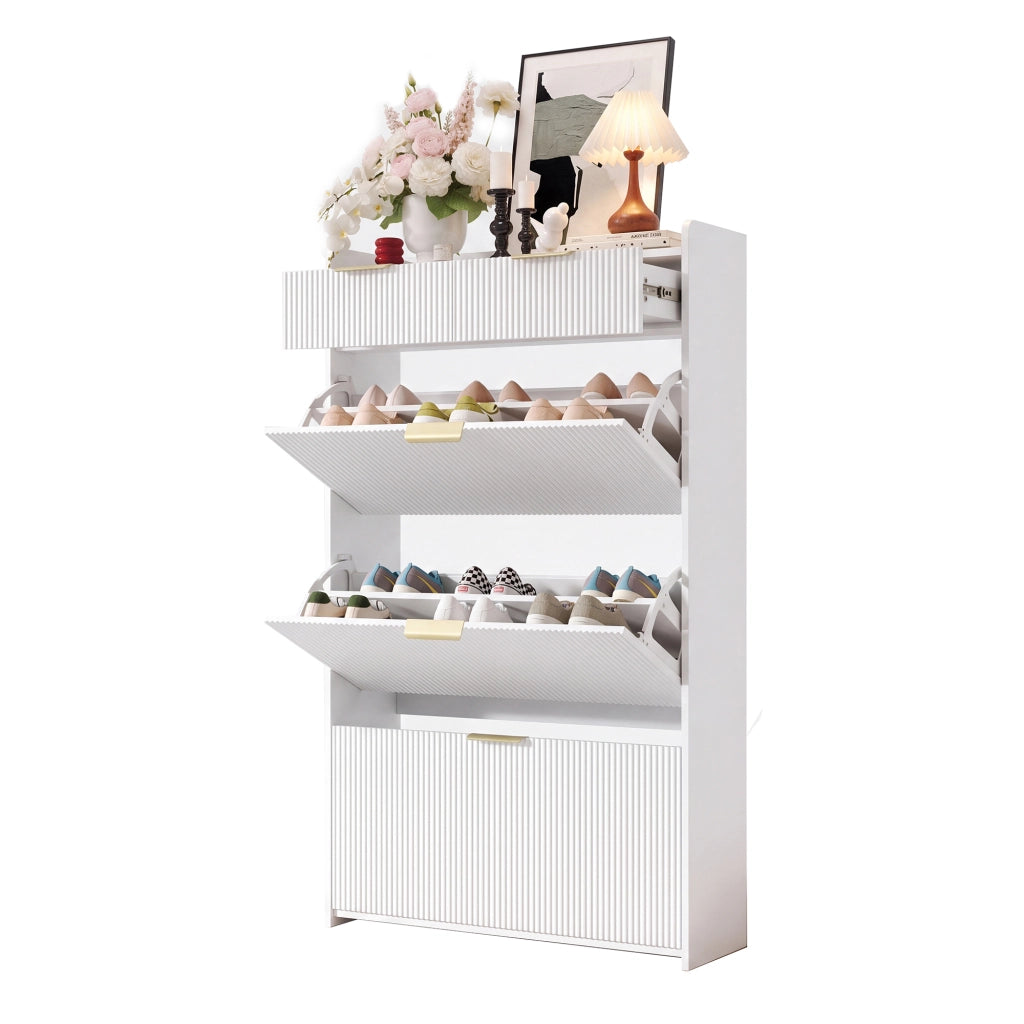 Scarpiera stretta con 3 vani a ribalta e 2 cassetti, per ingresso e corridoio, in truciolare bianco, 80 × 25 × 135 cm