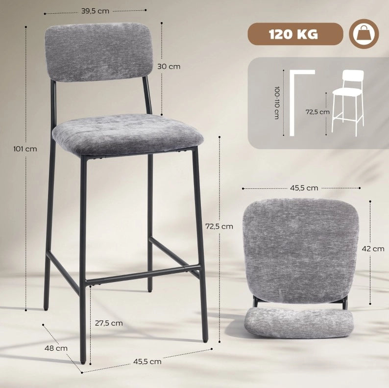 Set 2 sgabelli da bar 45,5 x 48 x 101 cm grigio in acciaio e tessuto