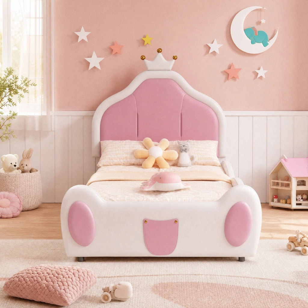 Letto singolo 90 × 200 cm imbottito con testiera a corona in similpelle bianca e rosa con rete a doghe