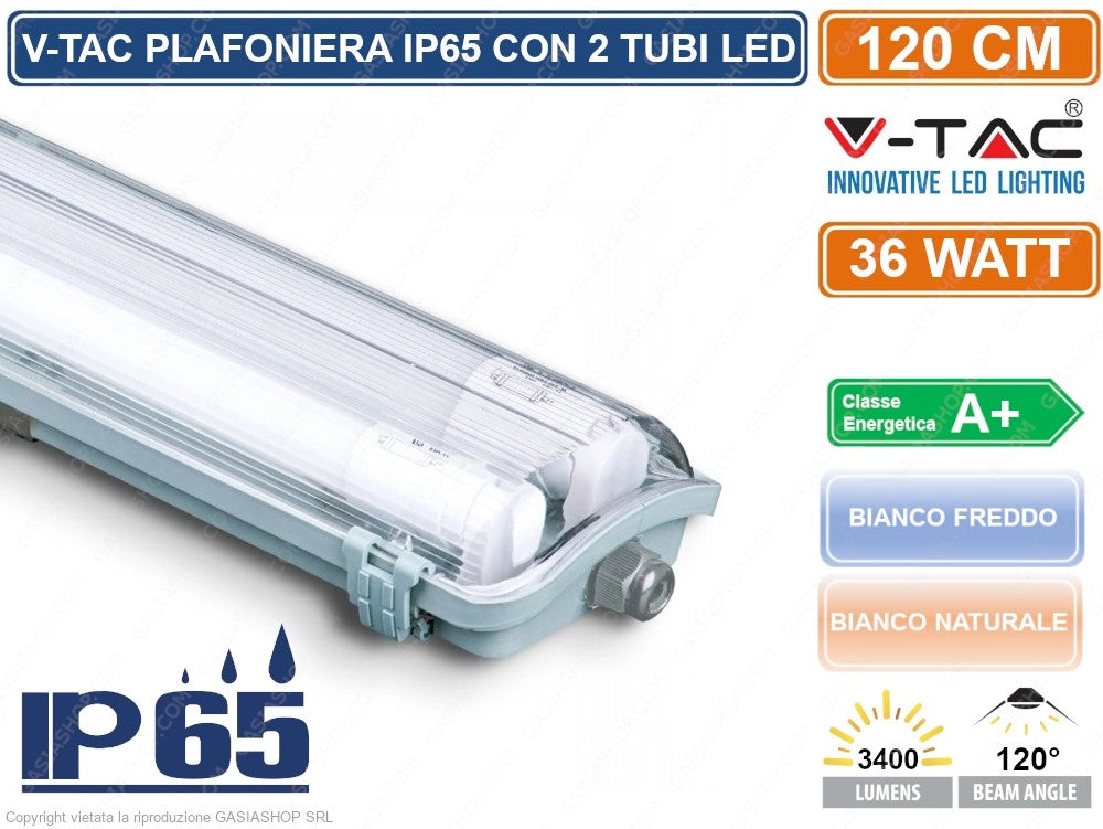 V-TAC VT-12023 TUBO LED PLAFONIERA 2X18W LAMPADINA 120CM IMPERMEABILE - Colore Luce:Bianco Naturale