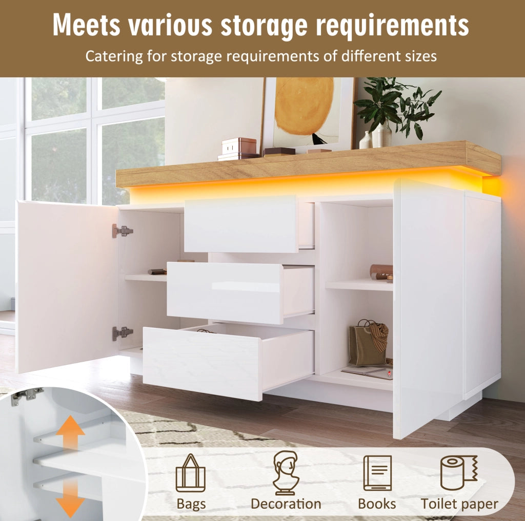 Sideboard bianco lucido con 2 ante, 3 cassetti e illuminazione LED controllabile via app, 81x140x39 cm
