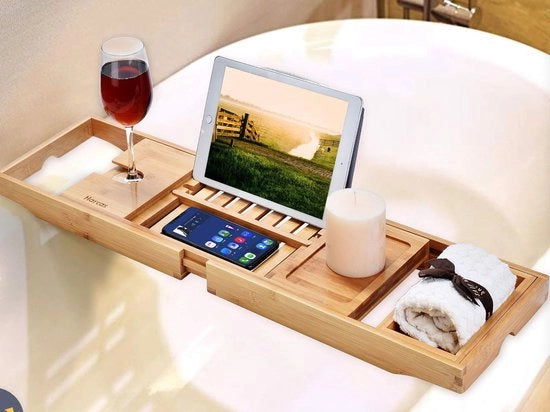 Legno di bambù per vasca da bagno Plancia da bagno estensibile con contenitore per bicchieri e piano per iPad o libro.