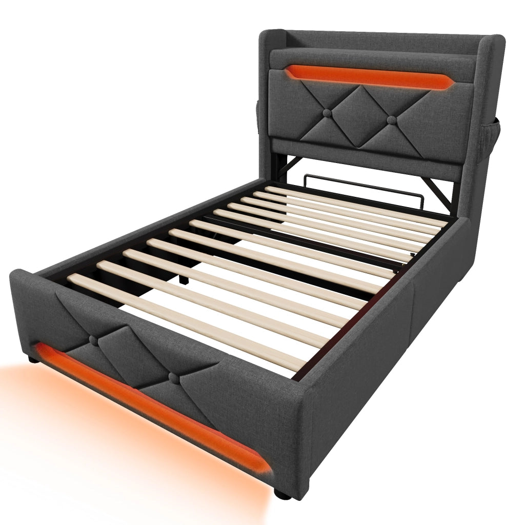 Letto singolo 90x200 cm con contenitore, LED 360¡ã, testiera con USB e Type C, grigio