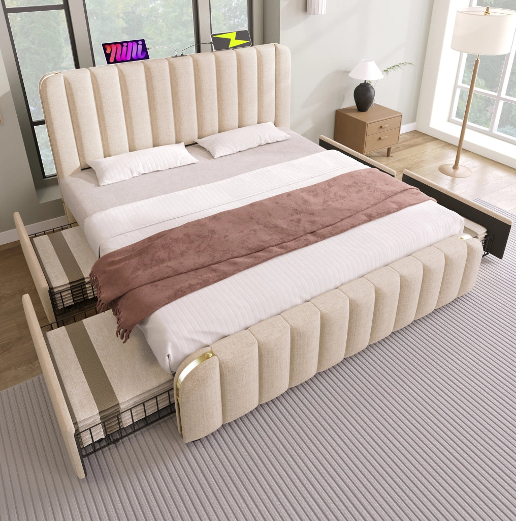 Letto matrimoniale beige 180x200 cm con 4 cassetti, USB e Type-C
