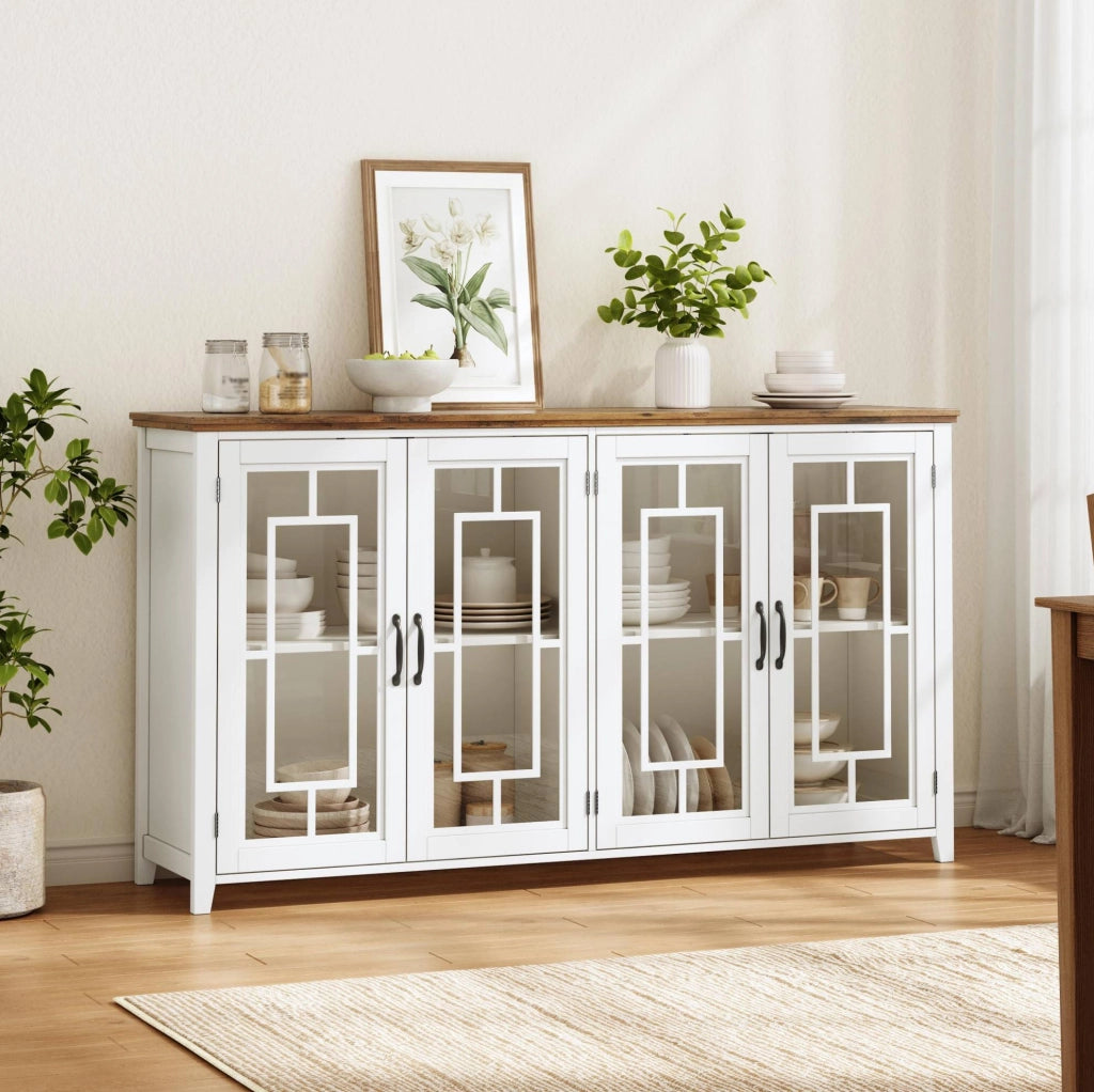 Sideboard da cucina largo 160 cm con ante in vetro e piano effetto legno