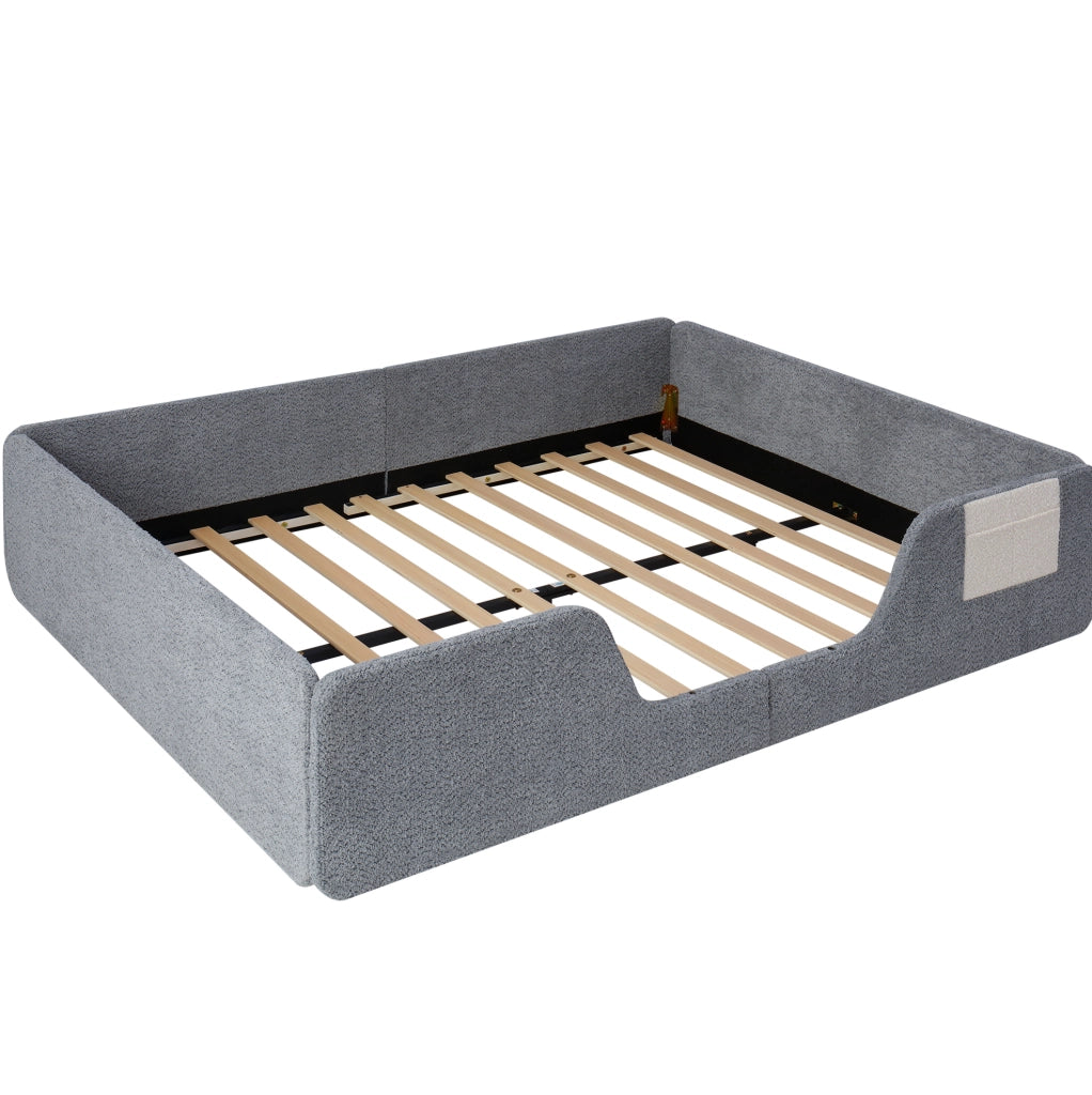Letto imbottito per bambini 140x190 cm con sponde di sicurezza rimovibili e tasca portaoggetti in velluto grigio, senza materasso