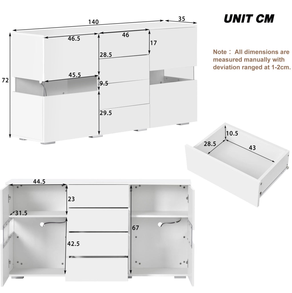 Credenza bianca lucida con LED e 4 cassetti