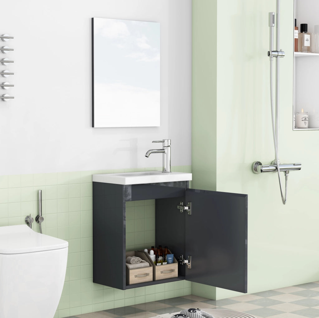 Mobile bagno sospeso con lavabo in ceramica e specchio in MDF grigio lucido