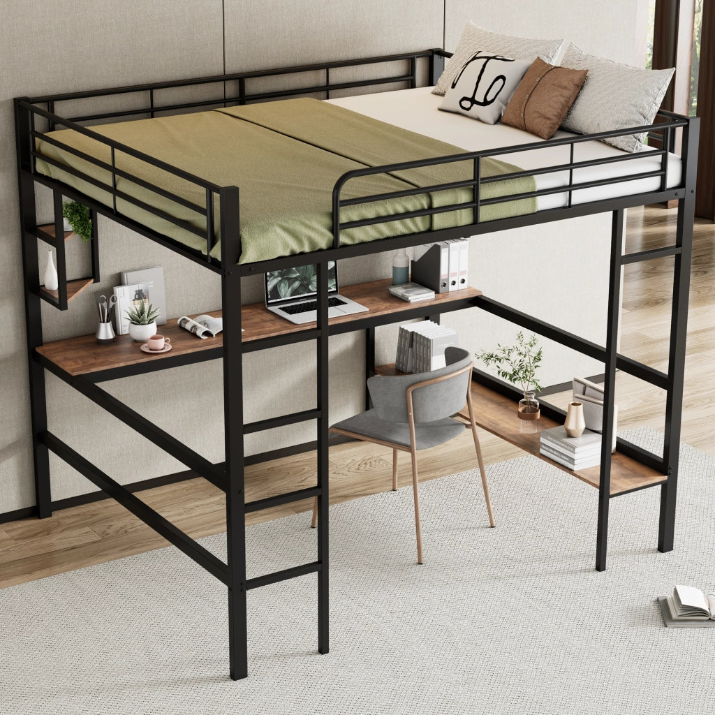 Hochbett 140x200 cm in metallo nero con scrivania, libreria e scaletta, senza materasso